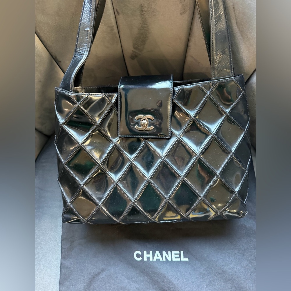 CHANEL Patent Quilted Shopping Tote with CC Turnlock Flap